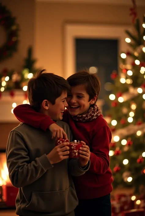 Scene: A cozy living room setting with soft, warm lighting.
Details: A family hugging each other with laughter and joy. The scene includes ren holding holiday decorations, a fireplace in the background, and a decorated Christmas tree with glowing lights, s...