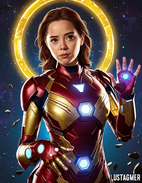 Logo with stylized bold letters that reads "LUSTIFY! Endgame" in the foreground as the main focus. A beautiful young woman with medium brown hair wearing Iron Man suit. Intense and focused facial expression. Her right hand is raised, holding a glowing, mul...