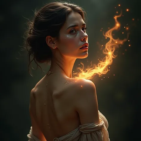 Create an image of a womans shoulders ,  in the shade with a magic flame behind her sparkling shoulders 