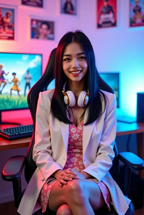 30yo Asian girl, pretty, beautiful, straight black hair, pretty, makeup, gamer girl, esports, computer games, candid style photo, realistic photo, photo realistic effects, In a room bathed in pink and blue neon lights, a young woman with a beaming smile si...