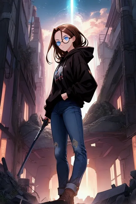 Anime woman (melancholic view, brown hair, clear forehead, blue eyes, black glasses, black hoodie, jeans) stands in a utopian landscape of ruins in a neo Tokyo city with a magical glowing sword in her hand. Magical points of light float around her. She is ...