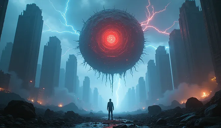 Epic wide-angle shot: A massive AI core, pulsating with red and blue energy, levitates above a shattered, futuristic cityscape. The camera slowly pushes in, capturing electrical storms and swirling metallic debris orbiting the core. Below, a lone human fig...