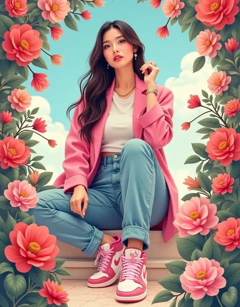 Photography,The image is a poster celebrating "DIANA MARSELLYA" featuring Beutiful KOREAN woman Beutiful wearing modern casual clothes, pink Jordan sneaker attire surrounded by floral decorations. There is a quote in Indonesian that translates to: "SEMOGA ...