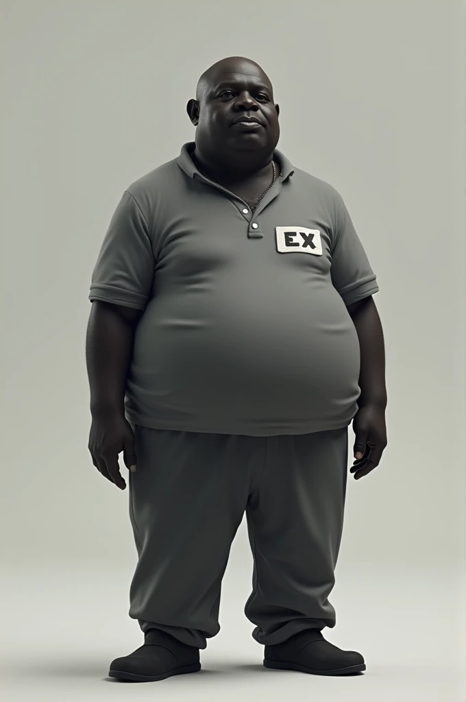 Create a medium black .  short fat guy in gray clothes that have a logo on the shirt that says EX