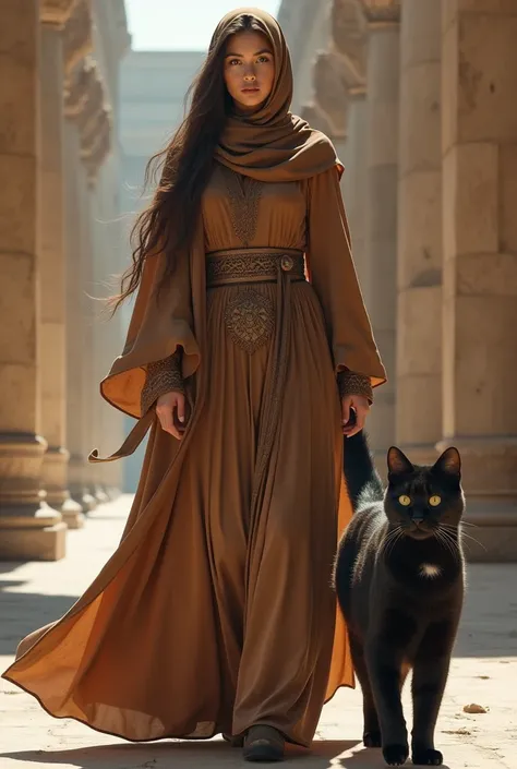 Beautiful muslim woman dressed in abaya , brown long carved motif light brown long veil dangling closed chest .walking with giant cat and big hairy black photorealistic roman building pillar background ,digital art