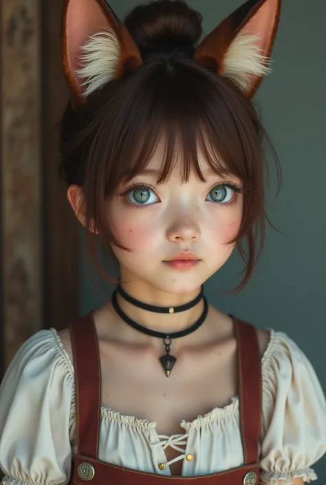 Photo of an 18-year-old Japanese woman .  Brown short hair . blue narrow eyes . There is a bun .  On her head there are brown fox ears .  Brown fox tail .  There is a thin black choker on the neck .  There is a small scar on her forehead. Dressed in a whit...