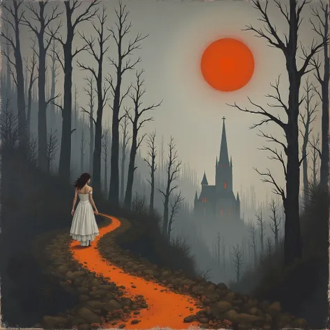 Woman in white gown, walking on orange path through archway, dark forest, ominous red sun,  gothic style,  dark and misty landscape,  (woman age:25), (gown detailed:1.2), (complexion:1.2), (expression: solemn), (body posture:1.2),  (woman orientation: look...