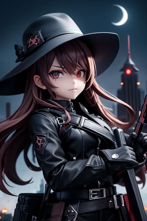 vampire hunters 、 BLACK LEATHER OUTFIT 、hat、 hold large swords and guns、Harness、One Eye、Dynamic Pose、 handsome、City Night、 building roof、Bats fly around 、 Masterpiece、 top quality、