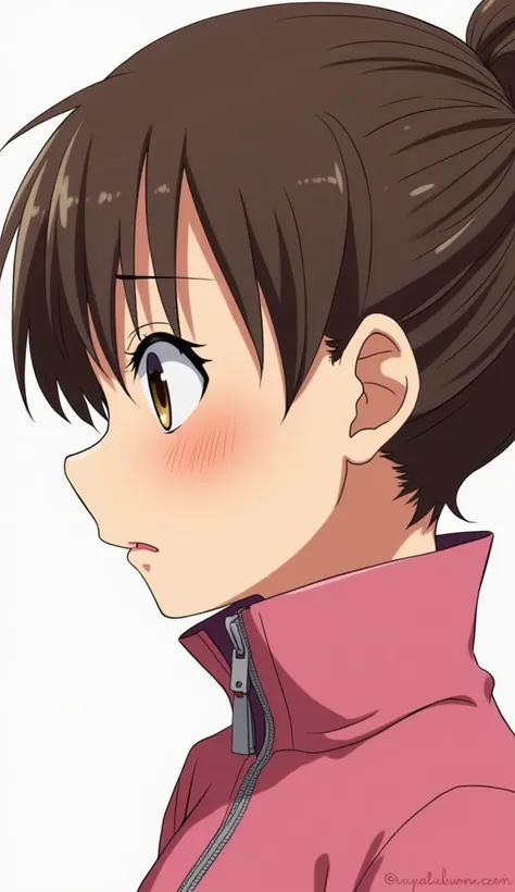 An anime-style extreme close-up of Miyas face, ensuring it stays consistent with her design: medium-brown hair tied in a neat bun with soft, wispy strands framing her face. Her hazel eyes are glistening with suppressed tears, conveying a deep and complex e...