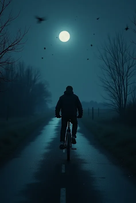 **"A man riding a bike late at night on a lonely road, with cold wind blowing and insects chirping in the background."**  