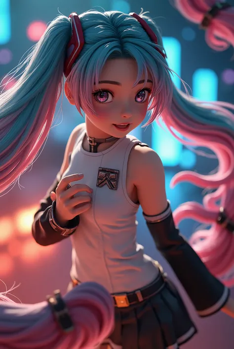 (masterpiece、 top quality 、 top quality 、 Official Art、 beautiful beautiful:1.2)、(1 person:1.3) Hatsune Miku 、 twin tails, Beautiful breasts ,  cute girl, professional fashion model ,  model photo shoot ,  dynamic perspective ,  Attractive and Unexpected A...