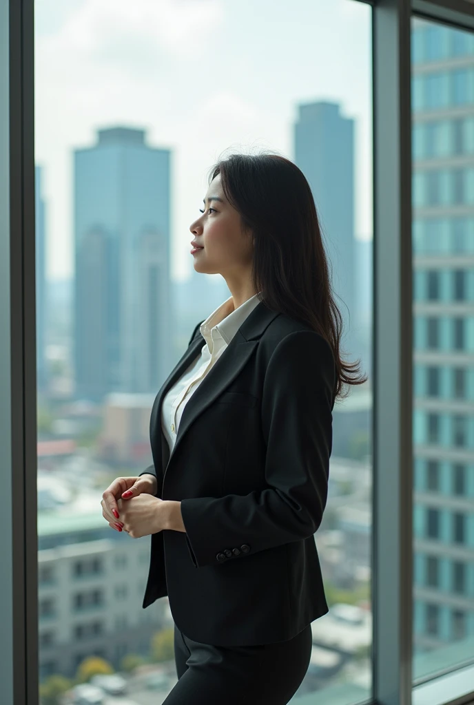 A poised beautiful Asian woman in business attire standing confidently in a modern office with large windows showing a bustling cityscape, her desk adorned with a vision board for 2025, realistic, good lighting, professional Photography, Photorealistic, de...