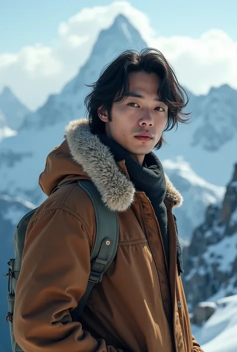  A handsome Asian man ,shoulder length hair,little curl , wearing winter clothes , on the top of a himalayan mountain , looking at the cameraYumPhotoRealistic, Fujicolor, cinematic, artistic, 