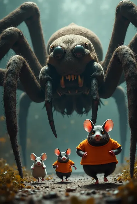 A huge spider is chasing a bunny , , a fat hog and a mouse in an orange t-shirt 