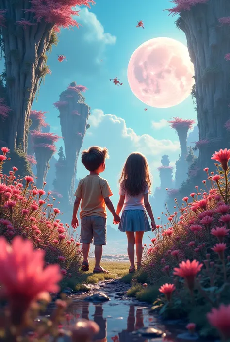 An alien planet more beautiful than earth and a brother and sister enjoying on the planet