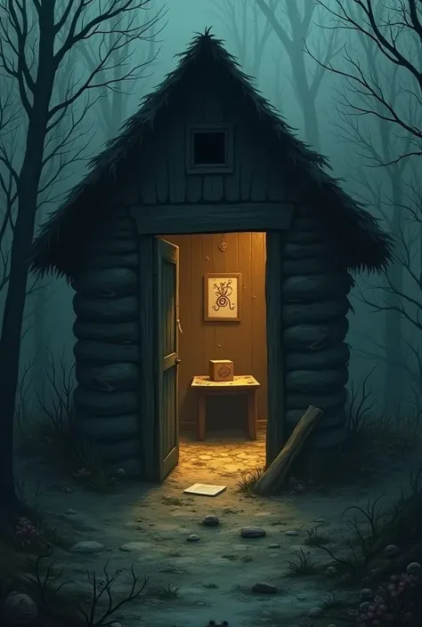 A scary hut with a ajar door and there were spiders and dust. In the middle of the hut, there was a table with a small box engraved with a symbol and there was a small paper on the ground. In front of the hut, Sarah, his friend and two 14-year-old sons