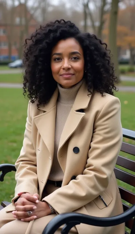 A 36-year-old woman with curly black hair, sitting on a bench in a park, dressed in a beige coat.