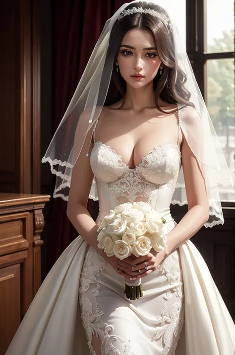 sensual, beautiful, female, woman, (bride:weddingdress:1.1), flower, lace, veil, romantic, passionate, love, desire, seduction, attractive,, Hyperrealistic art, (masterpiece, high quality, best quality:1.2), (intricate, detailed:1.2),Extremely high-resolut...