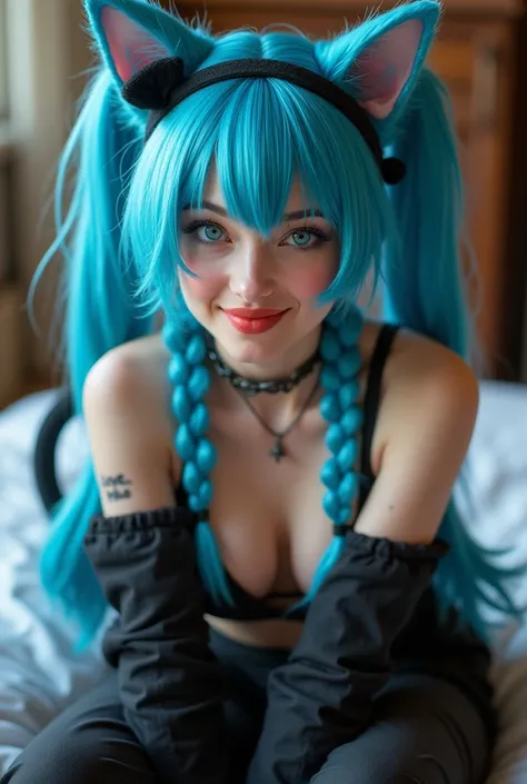 Jinx, beautiful blue hair, long braids, bangs, blue cat ears, blue cat tail, beautiful blue eyes, big eyes, juicy red lips, feisty smile, charming smile, short black headband, black leggings, black platform cargo pants, sexy pose , sitting on the bed, "Lov...