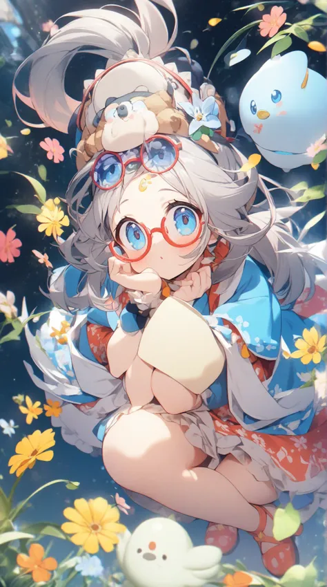 1 girl,  Grey Hair,   blue eyes, side ponytail, red rimmed glasses、spring、looks up at the 、whole body、キラキラエフェクト, 