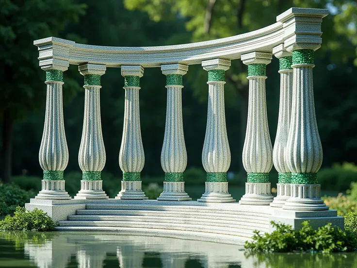 A frontal, three-dimensional photograph of a row of seven royal columns, crafted from gleaming diamonds and embellished with vibrant green sapphires, suitable for a garden wall.