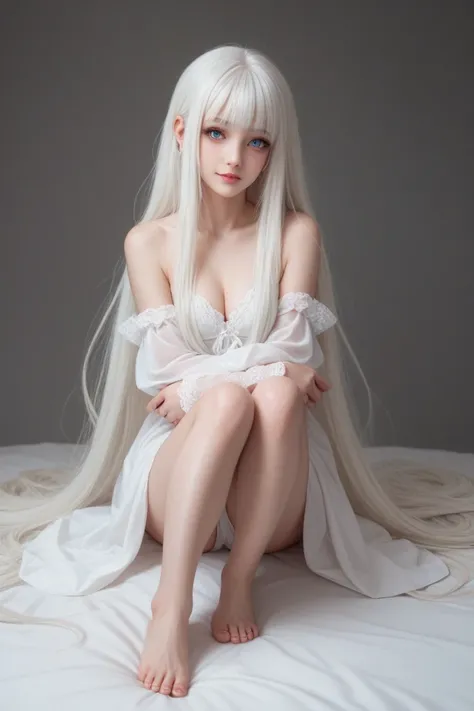 kind gentle cute ghost girl healer very long hair pale white hair sitting full body