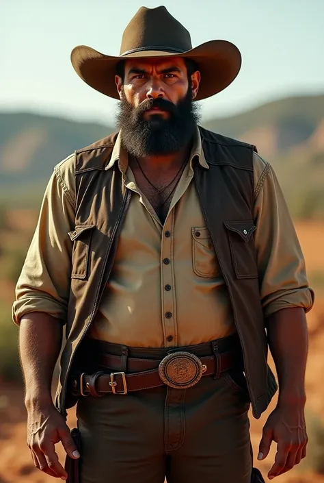 a bearded gaucho from Rio Grande do Sul, rugged and macho expression, traditional Baitaca style clothing, fat muscular body, highly detailed, cinematic lighting, dramatic pose, photorealistic, 8k, HDR, award winning digital art