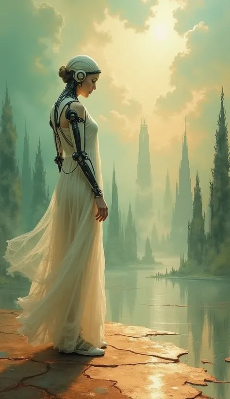 An illustration of a scene depicting a female cyborg. Oil on copper. Grid-like structure. Painted in delicate watercolors, the scene combines soft brushwork and pale colors to create a surreal, dreamlike atmosphere. The background is a rich, decadent citys...