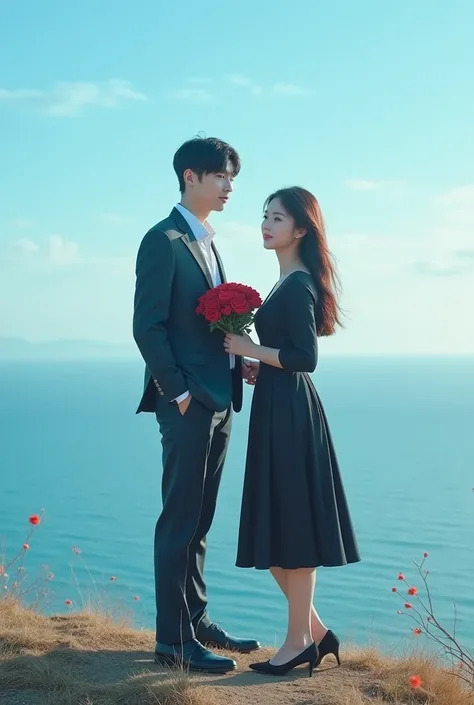 film poster with the title "CONGRATULATIONS 2K MEMBER EFBNA", a Korean man with short hair wearing a suit wearing shoes and a Korean woman with long hair wearing a black dress wearing shoes, they stand on a hill, there is a bouquet of roses in the womans h...