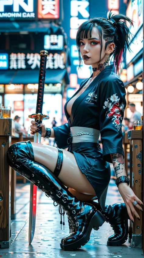 Female player ，Bodyguard ，Female Samurai， Mixed Color Stylish Air Head Tie Ponytail， Fit Punk Japanese Suit ， punk boots ，Wristband， punk tattoo ， Cyberpunk Bar ，Thick lips，Black Lipstick ，Black nails，Full body close-up，Wooden Sword ， High Resolution , mas...