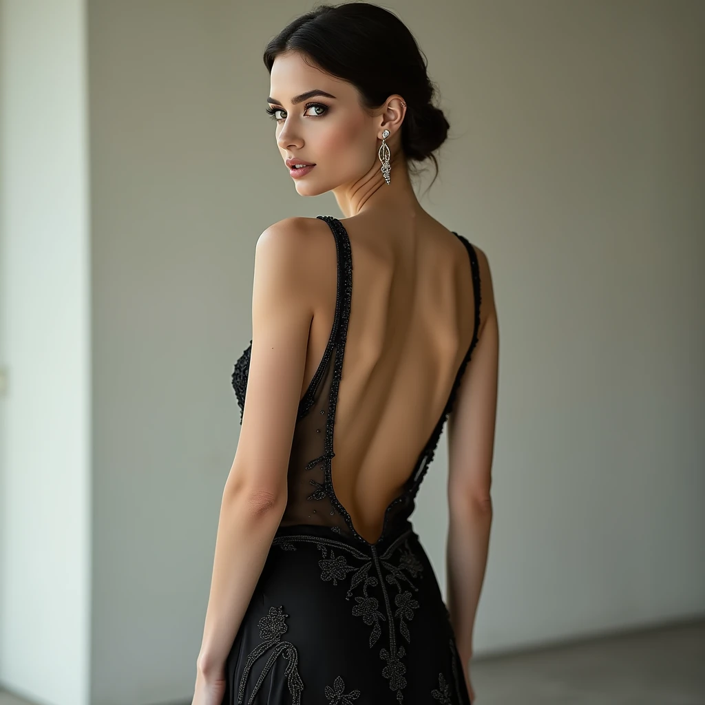 dress with open back 。Beautiful woman with tall model figure