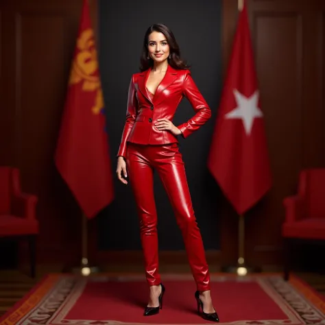 Armenian girl president of Armenia smiling in red leather suit president in red leather pants in red leather heels standing in the room of the president of Armenia near the Flag of Armenia