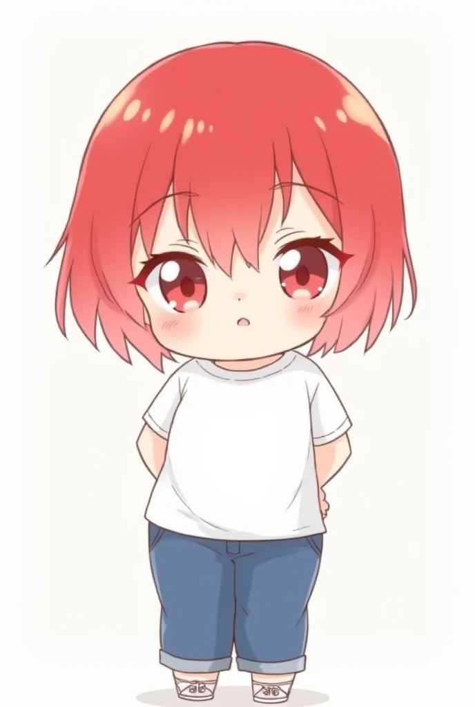 Chibi女の子のスタイルのステッカーを生成します、 with border and white background、Short hair up to the shoulders、The tips of the hair are outside 、髪色はred系の茶色、 the tips are light pink 、With bangs、 slightly chubby 、 jeans、 white t-shirt、 earrings are silver accessories 、 High Qua...