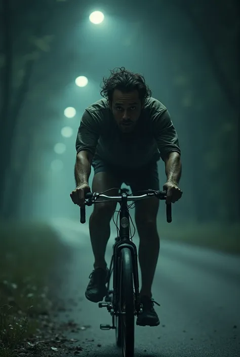 . **"The man riding the bike at full speed, his face showing panic and fear, the road barely visible in the dark."**  