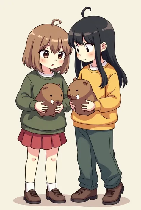 Create an image with two teenage girls ,  the first has to have light brown hair and very white skin and short stature, The second has to have black hair and her medium white and tall skin ,  both have to have a capybara stuffed animal in their hands 