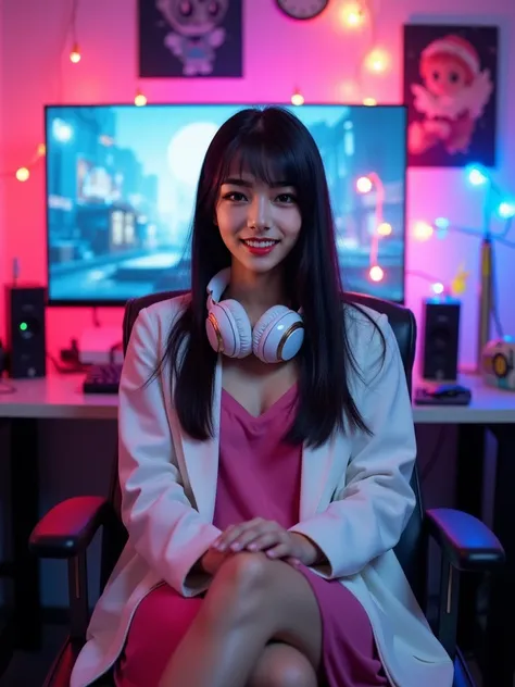 30yo Asian girl, pretty, beautiful, straight black hair, pretty, makeup, gamer girl, esports, computer games, candid style photo, realistic photo, photo realistic effects, In a room bathed in pink and blue neon lights, a young woman with a beaming smile si...