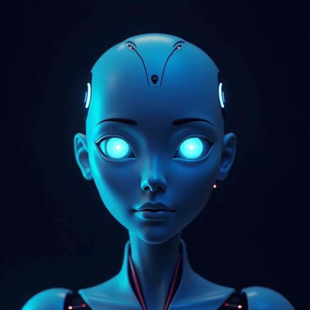 clear, attractive robot face. gender-neutral, not too feminine, face color linear gradient of light blue and dark blue, innovative 2.5D, looking front, dark background