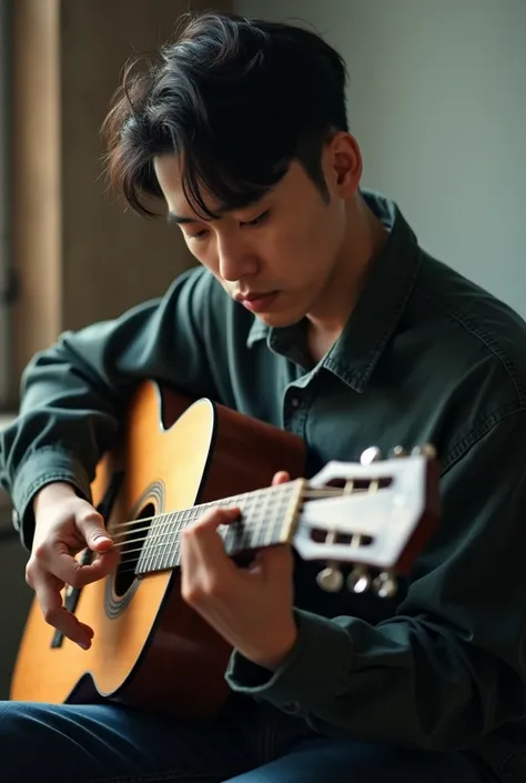 Figure of a Korean man, 30, tall 170, heavy 70, sitting on a chair with his hands holding an airy guitar.