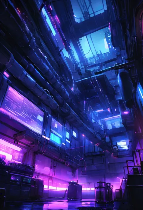  Laboratory，化学 Laboratory， cyberpunk style， ultra-realistic，Blue-violet color scheme，Empty scene ，There are lots of experimental equipment