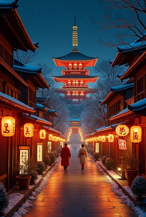 A stunning nighttime scene in Kyoto during the New Year celebrations. Show traditional wooden streets lit by glowing paper lanterns and decorated with festive New Year’s ornaments like kadomatsu (pine and bamboo arrangements) and banners with auspicious ka...