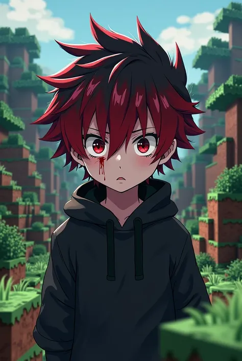 Create an image anime character with red and black hair, black clothes and white eyes and blood on his head Boy character But the background is from the world of Minecraft Youtube picture 