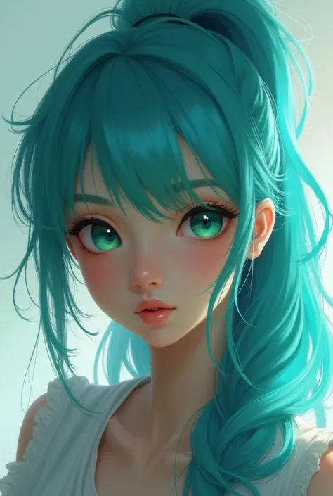 woman　Blue Hair（ turquoise blue ）Green Eyes（concentrated） ponytail