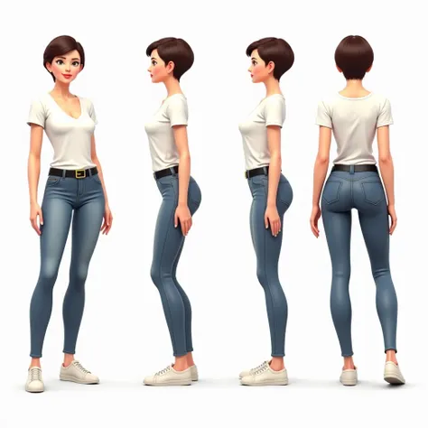 Detailed character sheet, Front view, Side view, Diagonal view, with a white returnground, show women, 30 years old, with short dark brown hair combed return, Light casual clothing, Wear white t-shirt TUCKED in skintight navy jeans and Black buckle belt. T...