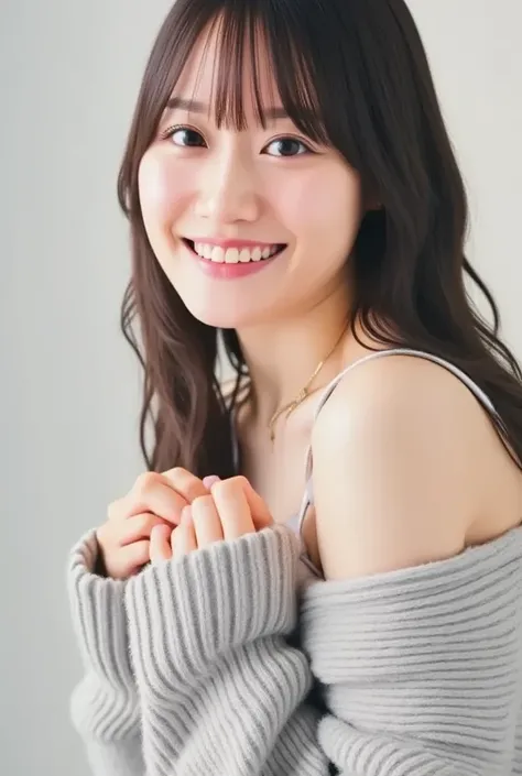 A woman with a cute smile is cute,  fluffy off-shoulder pajamas,  make a big heart with both hands , Hold it in front of your chest , View above the collarbone、  has a monotone background  

