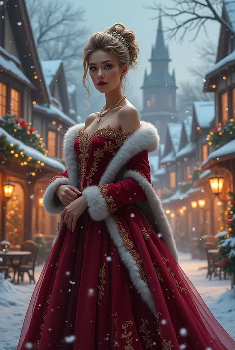 Beautiful Victorian lady in luxurious Christmas clothes with a Christmas town in the background