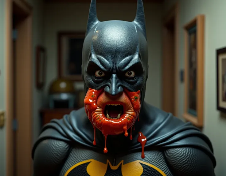 Shocked Batman standing smashed tomato on his face. In house. realistic 