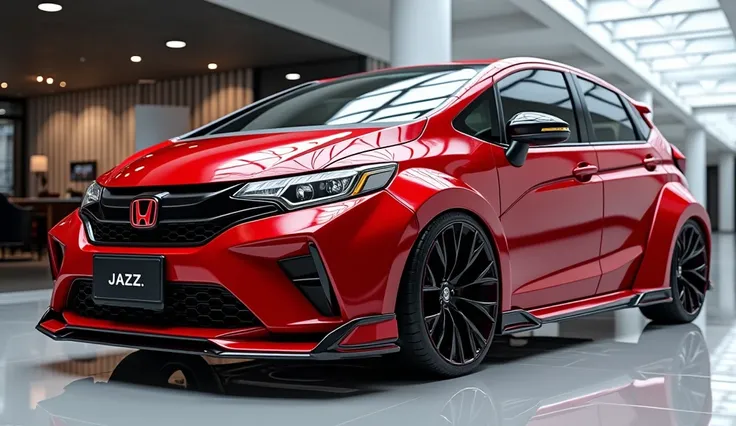 create an ultra-detailed 3D render, of a modern 2025 Honda jazz with a bold design looking long like limousine captured from close straight front sideview. The car should feature a Gleamy red color and red accents with a JAZZ logo on its front, a large whi...