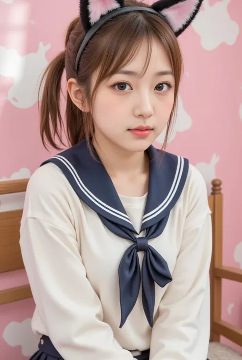 Masterpiece, 8k, Photorealistic, Raw photo, top-quality,Beautiful Japanese women , 
japanese high-school girl with light brown Ponytail hair and natural makeup, sitting and wearing a Cow pattern school uniform and Cat ears, with fluffy fur accents, PINK Co...