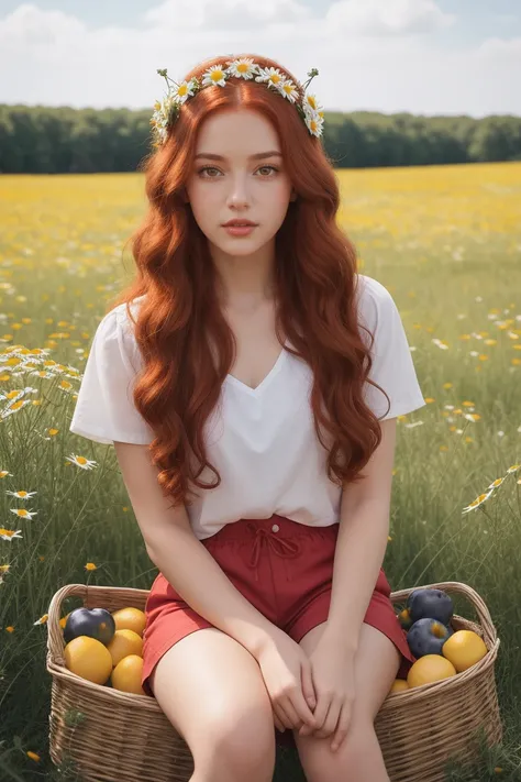 (girl:1.2),Alone, ( long curly red hair:1.1),  brown-eyed ,  wearing a crown of daisies on her head, Sit in a field of daisies, (fruit basket:1.1), blue shorts,  red shirt,,CRU,photographic,Shadow photo ,real,ridiculous,aesthetic,elegant
