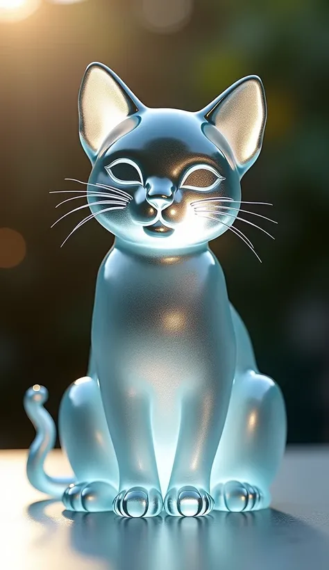 An ultra-realistic baby cat sculpture made entirely of glass, sitting upright and directly facing the camera. The glass cat is semi-transparent, with intricate detailing that captures every curve of its tiny body, including delicate ears, paws, and a curle...